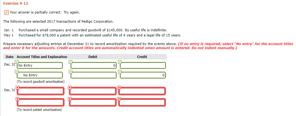  Exercise 9-12 Your answer is partially correct. Try again. The following