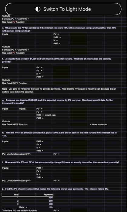 calculations. Fill out all hishlighted cells. a. Find the FV of $1,000