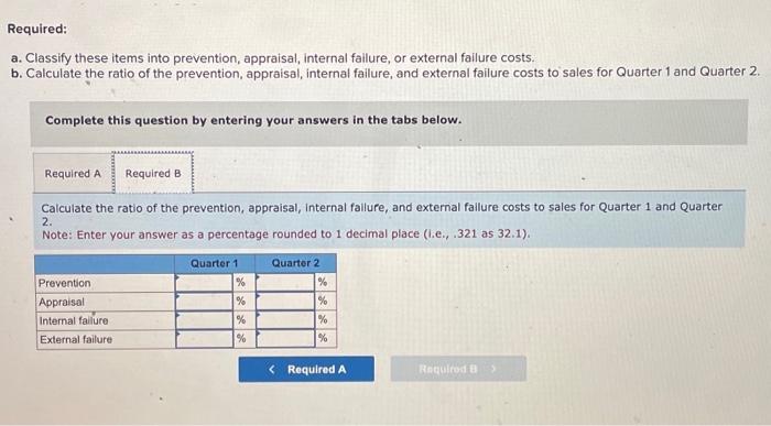 and external failure costs to sales for Quarter 1 and Quarter 2