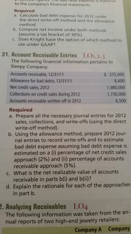  Calculate bad debt expense for 2017 under the direct write-off method