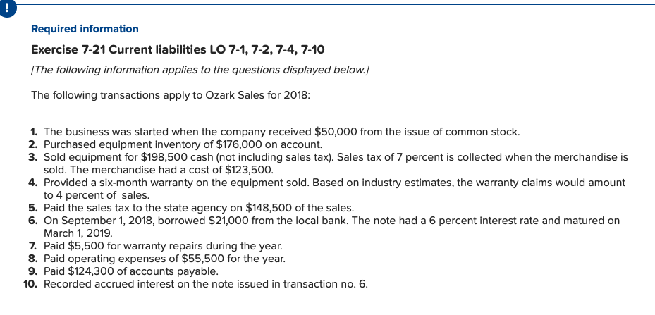 Required information Exercise 7-21 Current liabilities LO 7-1, 7-2, 7-4,7-10 The