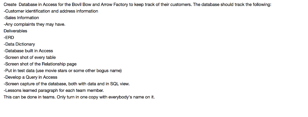 Create Database in Access for the Bovil Bow and Arrow Factory