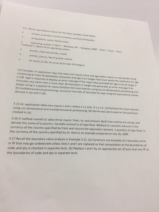  13 Derive equivalence classes for the input variables listed below int