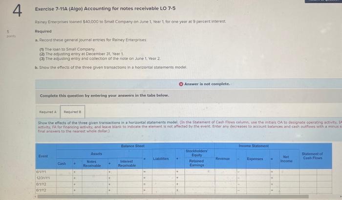  Exercise 7-11A (Algo) Accounting for notes receivable LO 7.5 Rainey Enteiprises
