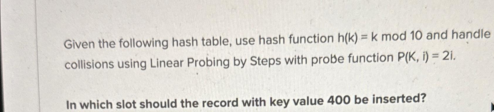  Given the following hash table, use hash function h(k)=k mod 10