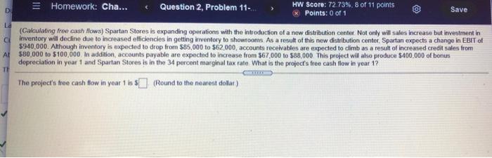  = Homework: Cha... Question 2, Problem 11-... HW Score: 72.73%, 8