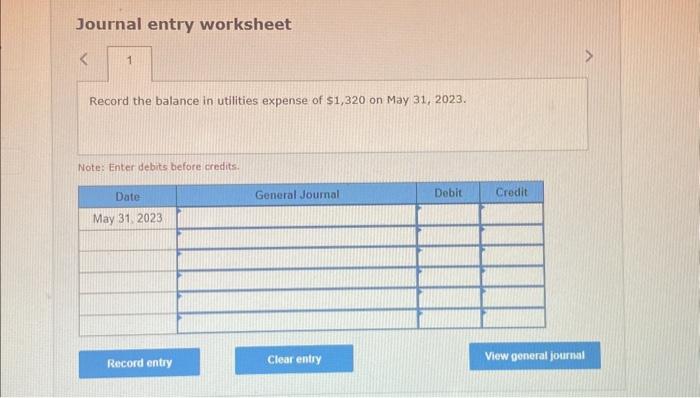 2023 balance in the utilities expense of $1320. Use May 31, 2023