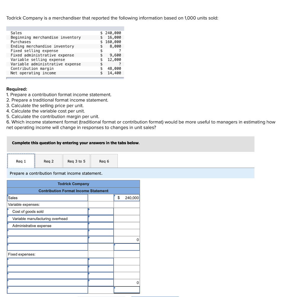 Required: 1. Prepare a contribution format income statement. 2. Prepare a traditional