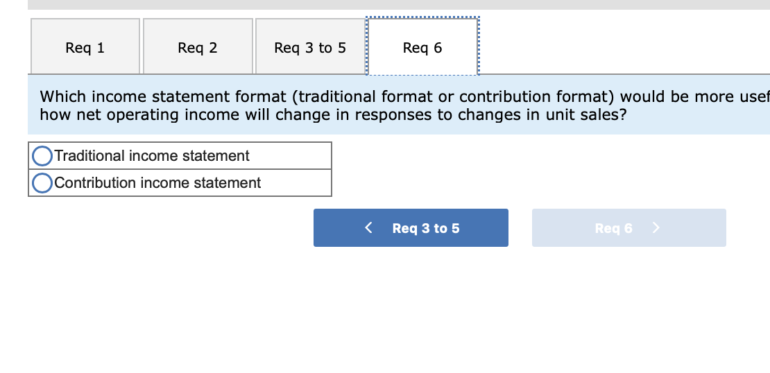 6. Which income statement format (traditional format or contribution format) would be