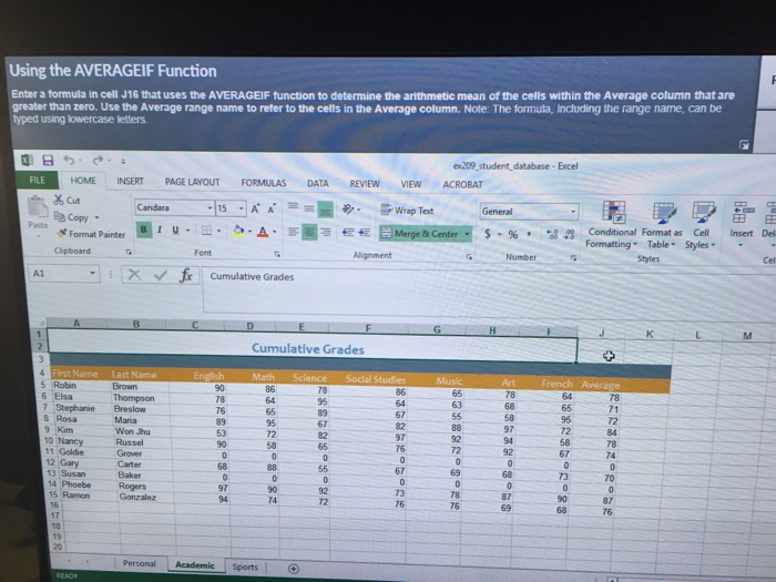  Using the AVERAGEIF Function Enter a formula in cell J16 that