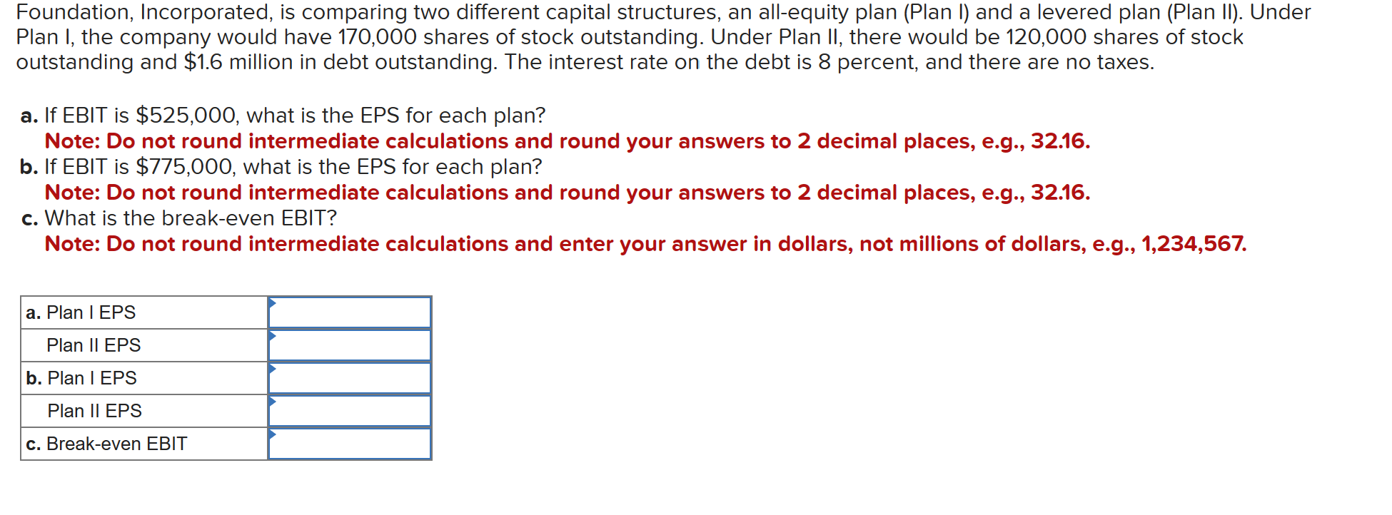  Foundation, Incorporated, is comparing two different capital structures, an all-equity plan
