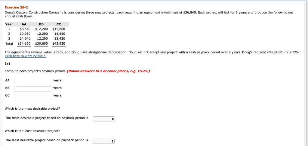 Exercise 26-2 Doug's Custom Construction Company is considering three new projects,