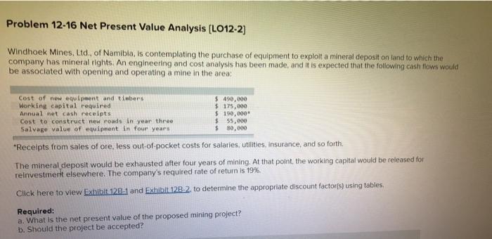 3 4 Problem 12-16 Net Present Value Analysis (LO12-2] Windhoek Mines, Ltd.
