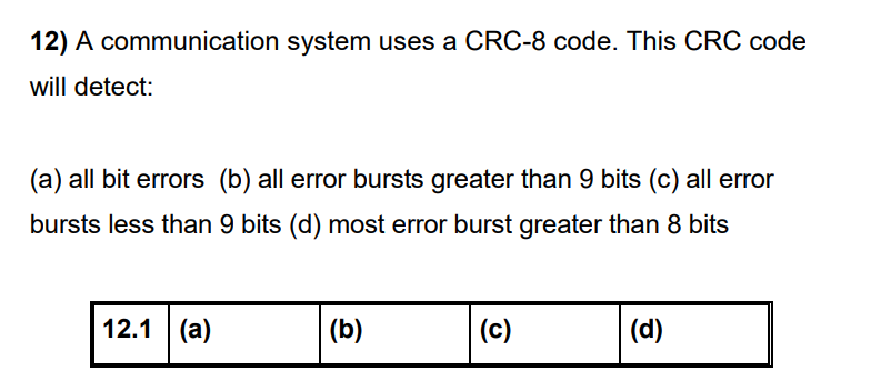  A communication system uses a CRC-8 code. This CRC code will