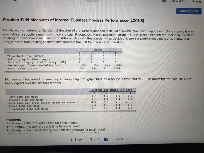  Help Save & Exit Submit Check my work Problem 11-14 Measures