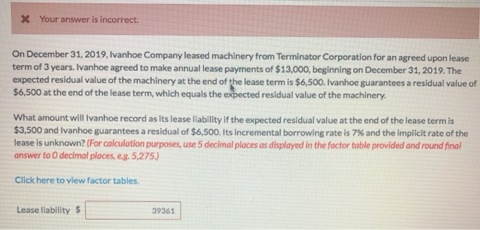  * Your answer is incorrect On December 31, 2019, Ivanhoe Company