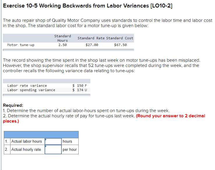  Exercise 10-5 Working Backwards from Labor Variances [LO10-2] The auto repair