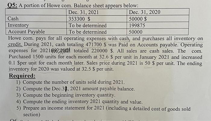  Q5: A portion of Howe com. Balance sheet appears below: Howe