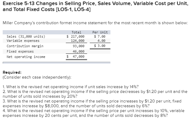  Exercise 5-13 Changes in Selling Price, Sales Volume, Variable Cost per