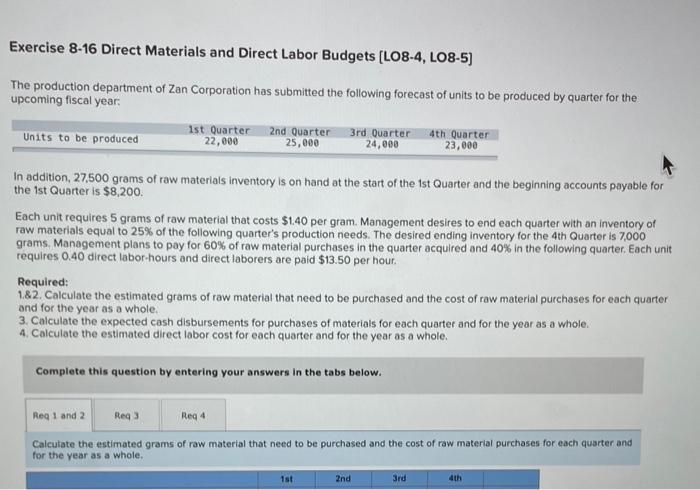  Exercise 8-16 Direct Materials and Direct Labor Budgets [LO8-4, LO8-5] The