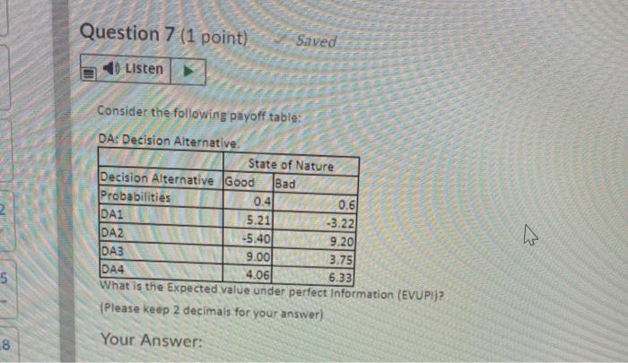  Question 7 (1 point) Saved Listen Consider the following payoff table: