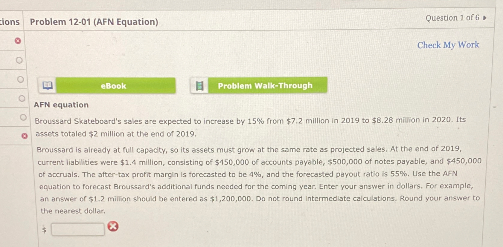  Problem 12-01(AFN Equation) Question 1 of 6 Check My Work eBook