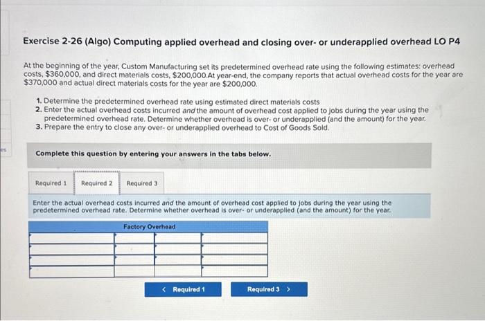 overhead LO P4 At the beginning of the year, Custom Manufacturing set