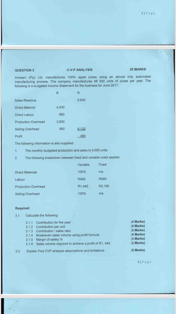 3 Page QUESTION 3 C-V-P ANALYSIS 25 MARKS Avheani (Pty) Ltd.