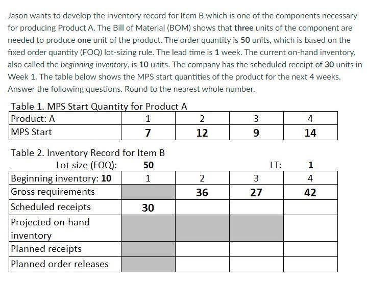 Jason wants to develop the inventory record for Item B which