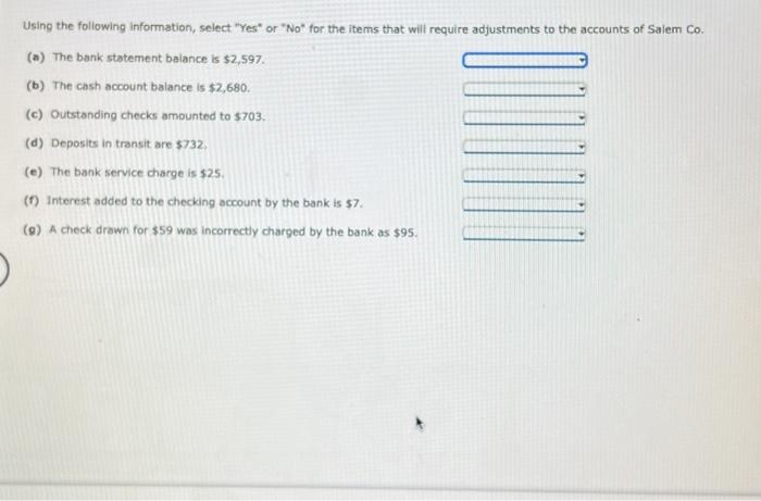  Using the following information, select "Yes" or "No" for the items