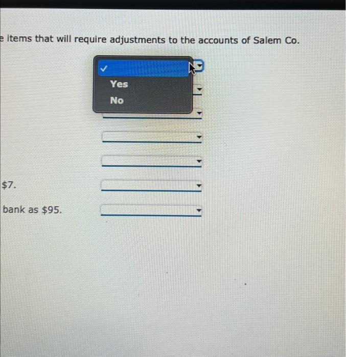 that will require adjustments to the accounts of Salem Co. items that