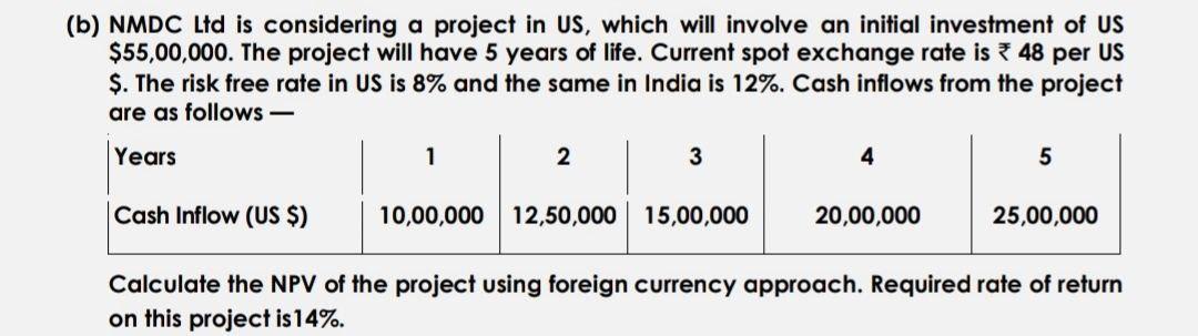 (b) NMDC Ltd is considering a project in US, which will