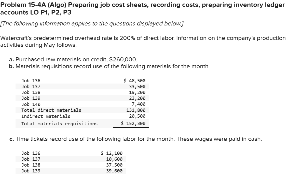  Problem 15-4A (Algo) Preparing job cost sheets, recording costs, preparing inventory