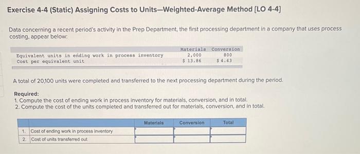  Exercise 4-4 (Static) Assigning Costs to Units-Weighted-Average Method [LO 4-4] Data