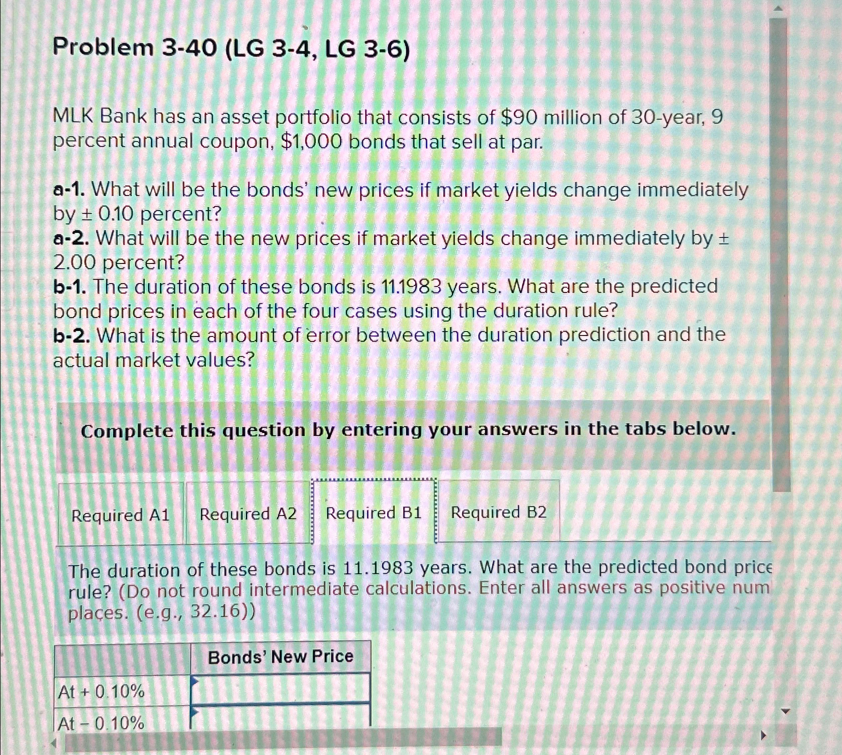  Problem 3-40(LG 3-4, LG 3-6) MLK Bank has an asset portfolio