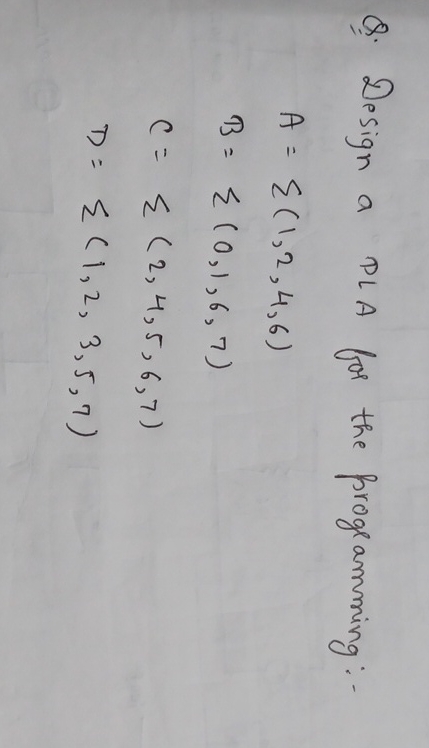  Q. Design a PLA for the programming:- A=??(1,2,4,6) B=??(0,1,6,7) C=??(2,4,5,6,7) D=??(1,2,3,5,7)