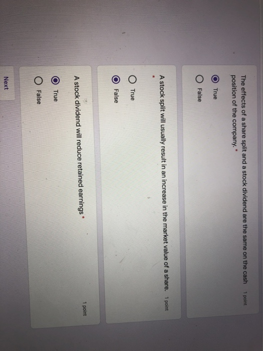  1 point The effects of a share split and a stock
