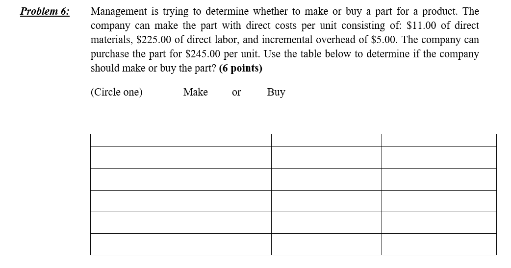 Problem 6: Management is trying to determine whether to make or