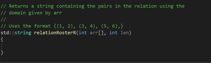 the roster of the relation. I a string that lists the pairs