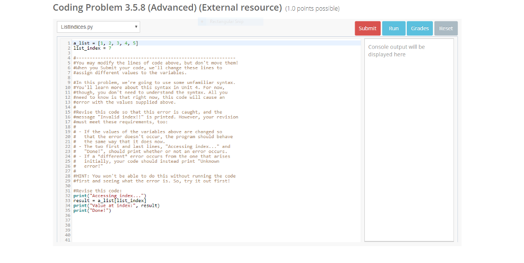 try and except Coding Problem 3.5.8 (Advanced) (External resource) (1.0 points possible