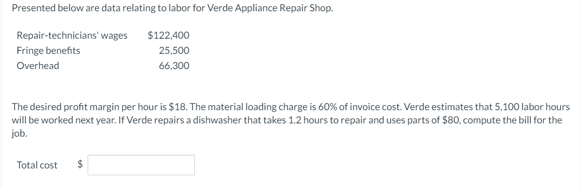  Presented below are data relating to labor for Verde Appliance Repair