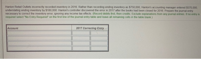  Hanion Retail Outlets incorrectly recorded inventory in 2016 Rather than recording