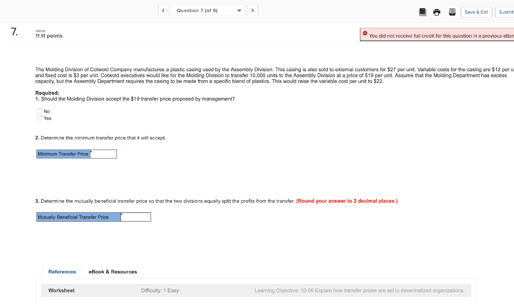  Question 7 (of 9) @ Save & Ext Submit 7. 11.11