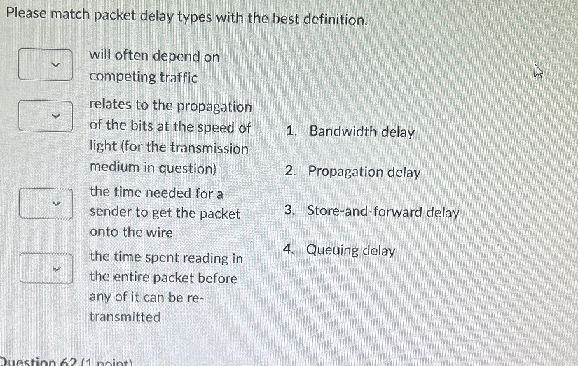  Please match packet delay types with the best definition. will often