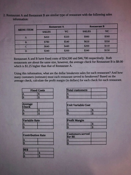  Please help me !! :-) 2. Restaurant A and Restaurant B