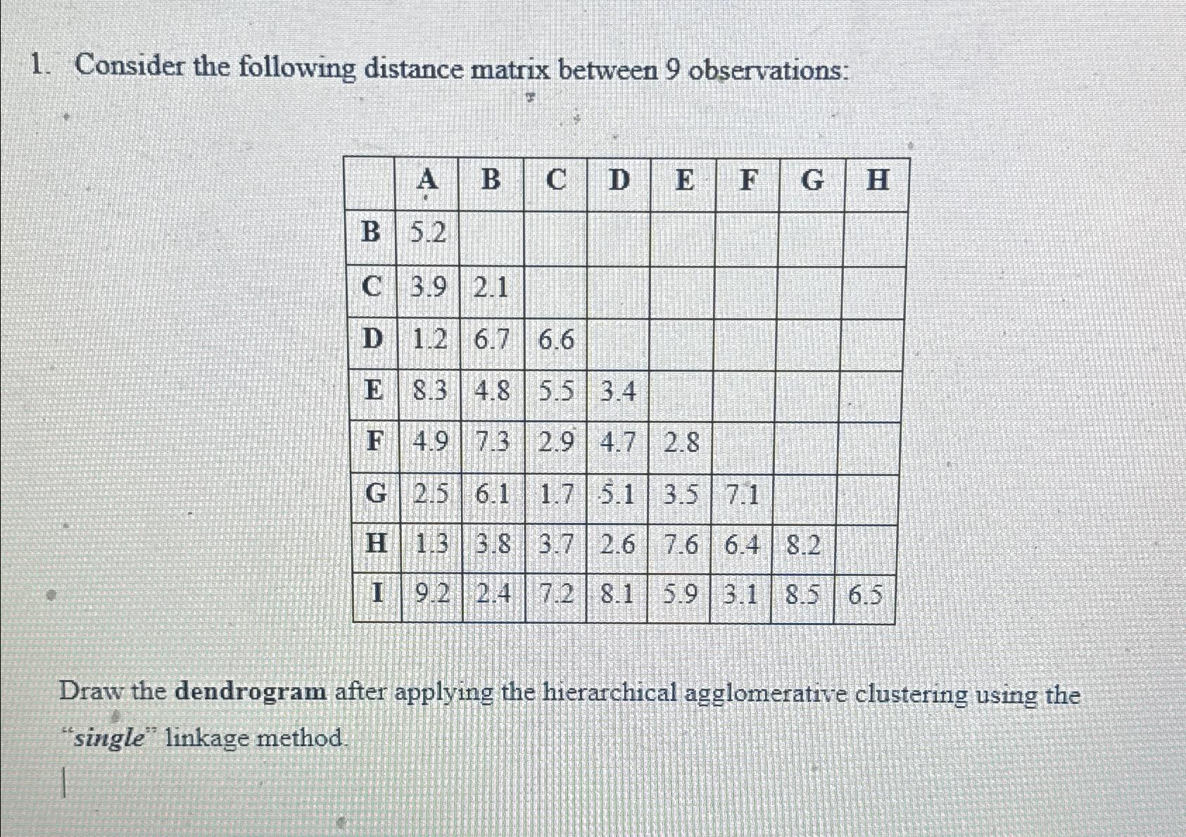  Consider the following distance matrix between 9 observations: \table[[,A,B,C,D,E,F,G,H 
