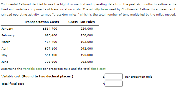 Continental Railroad decided to use the high-low method and operating data