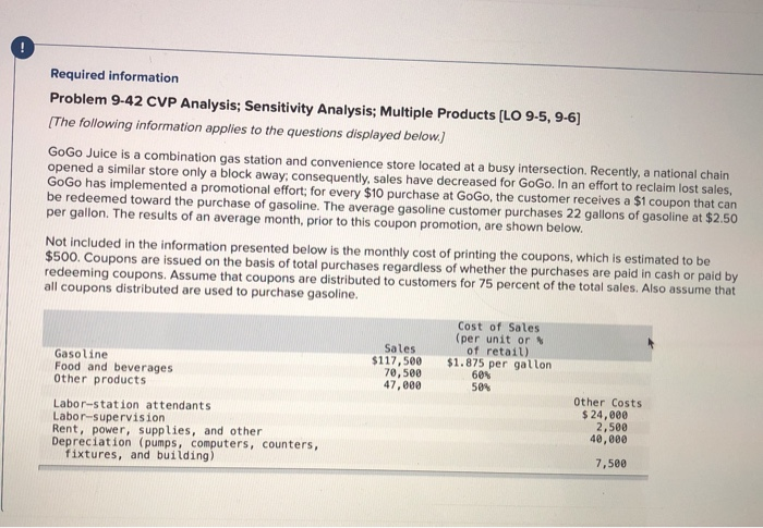  Required information Problem 9-42 CVP Analysis; Sensitivity Analysis; Multiple Products [LO