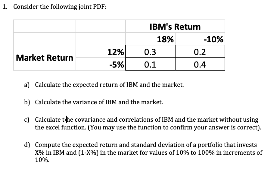 1. Consider the following joint PDF: IBM's Return 18% -10% 0.3