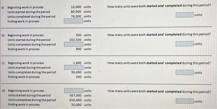  a) Beginning work in process Units started during the period Units